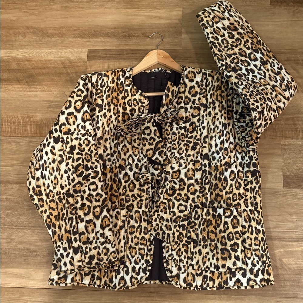 ASOS DESIGN Quilted Brown Black Leopard Print Jacket Tie Closures Sz Small NWOT
